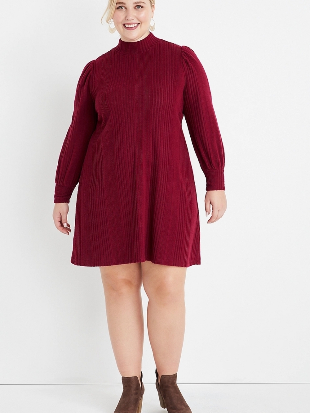 Ribbed Long Sleeve Dress - Deep Berry